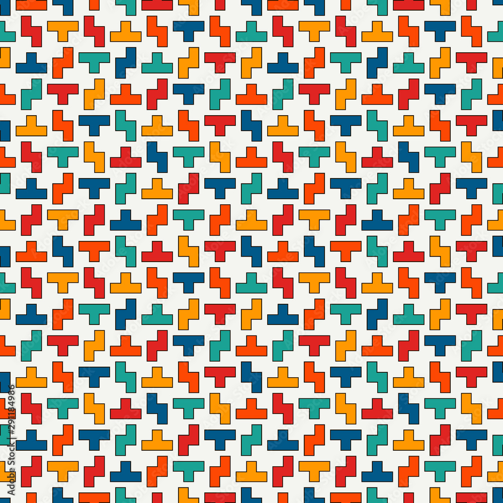 Repeated creative puzzle mosaic abstract background. Seamless surface pattern design with simple geometric ornament.
