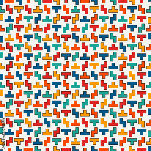 Repeated creative puzzle mosaic abstract background. Seamless surface pattern design with simple geometric ornament.