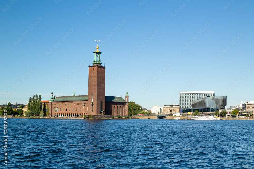 View on Stockholm City Hall from sea side, Sweden.