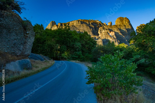Greece. View from the road to the Greek Orthodox rock monastery. Meteors. Religious buildings on giant rocks. The Meteora Monasteries. Landmark Of Greece. Building on rock.