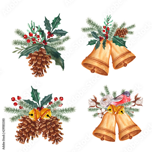 set of watercolor winter floral arrangement with bell