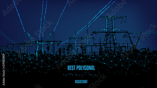 Electric Towers low poly business concept. Finance economy polygonal Production and transportation of electricity. Background of beautiful dark blue night sky with lines and dots.