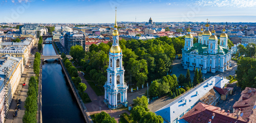 Russia. Panorama of St. Petersburg from a height. Architecture Of St. Petersburg. Rivers Of St. Petersburg. Nikolsky naval Cathedral. Belfry. Kryukov canal. Travel to Russia in summer.