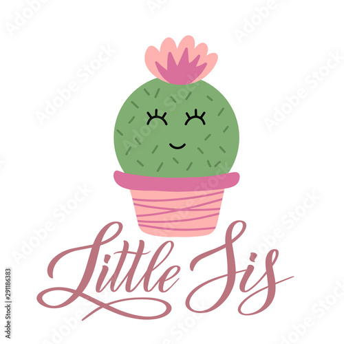 Little Sister Clipart. Younger Sis Flat Illustration. Cactus in Pot Cartoon. Baby Girl T-Shirt Clip Art. Kid Sister Cute Design. Colorful Vector.