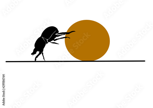 Scarab beetle rolls a ball of shit. Colorful flat illustration. Vector graphic element. Hand drawn style.