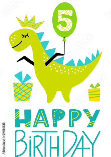 5th Birthday Dino Prince Party Print. Fifth Birthday Dinosaur Boy Clipart. Cute Happy Birthday Colorful Element for Kid. Hand Drawn Image for Greeting Cards, Clothes. Flat Vector Illustration.