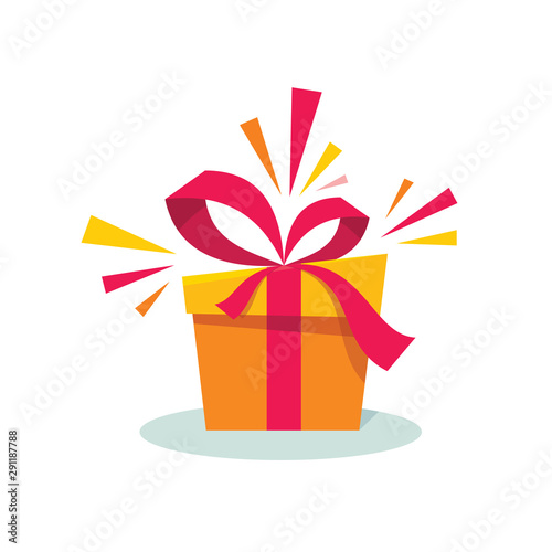 Gift box with ribbon concept vector illustration in flat design style. Present icon. Surprise sign. Special give away package.