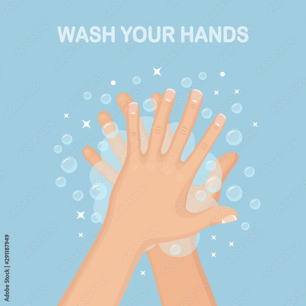 Washing hands with soap foam, scrub, gel bubbles. Personal hygiene, daily routine concept. Clean body. Vector cartoon design Washing hands with soap foam, scrub, gel bubbles. Personal hygiene, daily routine concept. Clean body. Vector cartoon design
