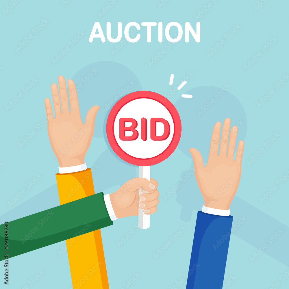 Businessman hold auction paddle in hand. Bidding, auction competition concept. People rise signs with BID inscriptions. Business trade process. Vector flat design Businessman hold auction paddle in hand. Bidding, auction competition concept. People rise signs with BID inscriptions. Business trade process. Vector flat design