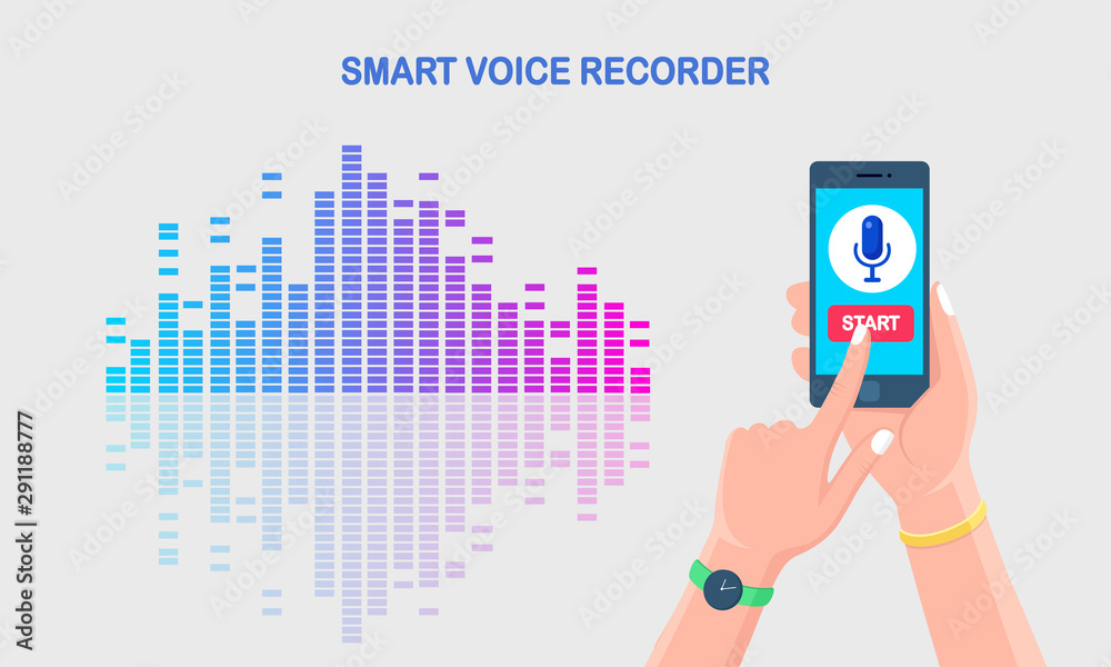 Sound audio gradient wave from equalizer. Cellphone with microphone icon on  screen. Mobile phone app for digital voice radio record. Music frequency in  color spectrum. Vector flat design Stock Vector | Adobe