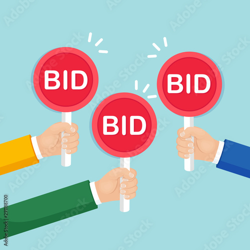 Businessman hold auction paddle in hand. Bidding, auction competition concept. People rise signs with BID inscriptions. Business trade process. Vector flat design