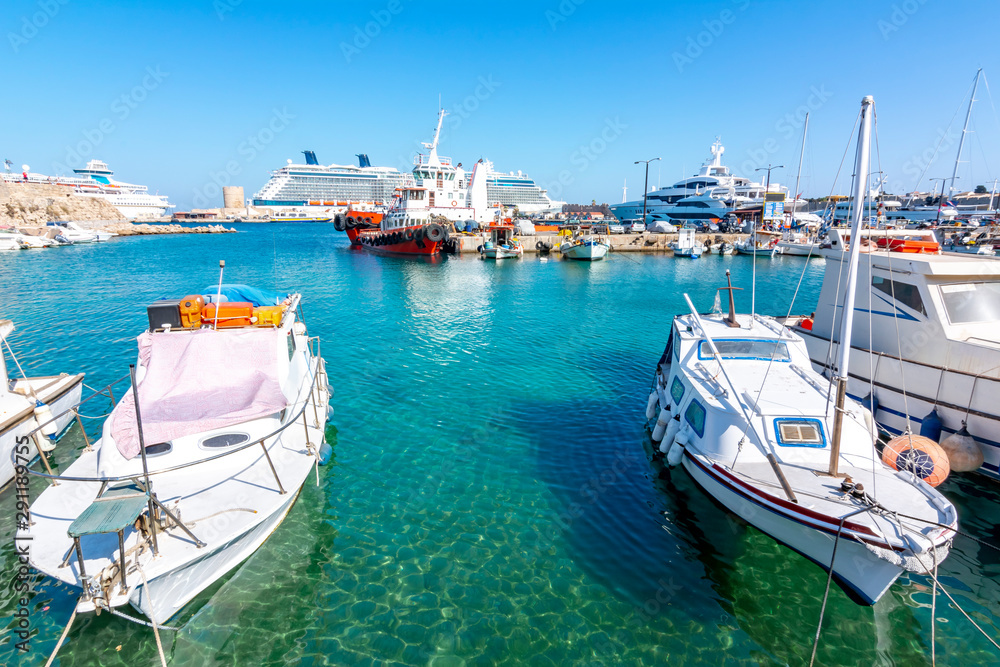 Boats and ships in Rhodes port, Greece
