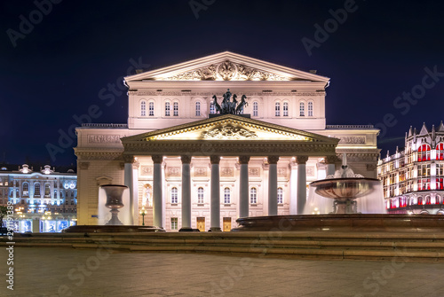 Bolshoi (Big) theater facade at night, Moscow, Russia