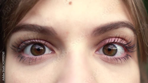 Closeup Woman eyes. macro shoot. nervous tick eye. conjunctivitis. myopathy. Parkinson's disease. keratitis. blepharitis. allergic reaction. Tourette's syndrome. diseases of the nervous system. photo