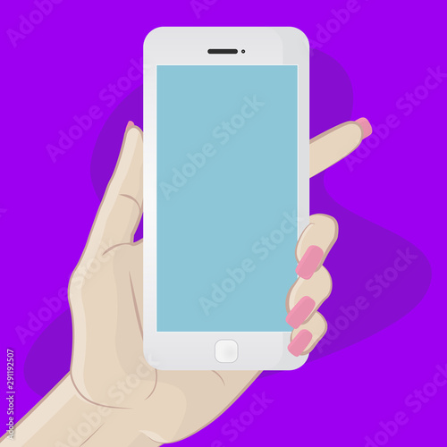 Smartphone in hand on a purple background