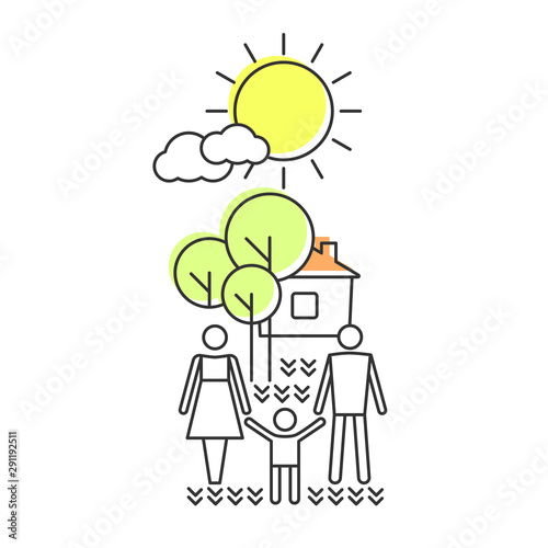 Housing, property and life insurance, mortgages, loans. A happy family. Icon in a modern line style with parents .and child, home in nature.