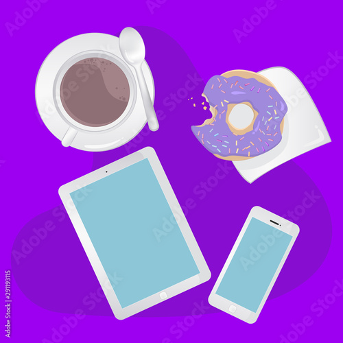 Breakfast concept top view. Set smartphone, tablet, coffee and donut
