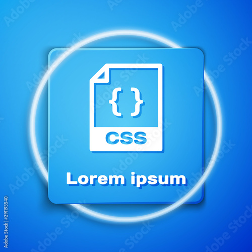 White CSS file document. Download css button icon isolated on blue background. CSS file symbol. Blue square button. Vector Illustration