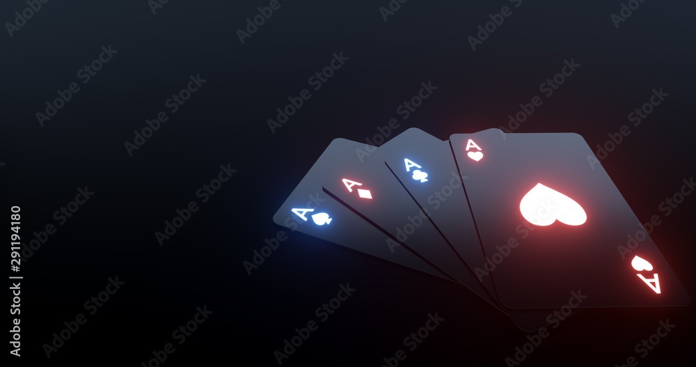 4 Aces Playing Cards With Futuristic Glowing Lights Isolated On The Black Background - 3D Illustration - obrazy, fototapety, plakaty 