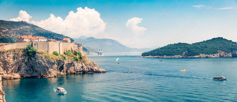 Panoramic morning view of famous Fort Bokar in city of Dubrovnik. Captivating summer seascape of Adriatic sea, Croatia, Europe. Beautiful world of Mediterranean countries. 