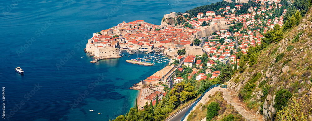 Aerial morning panorama of Dubrovnik city. Splendid summer seascape of Adriatic sea, Croatia, Europe. Beautiful world of Mediterranean countries. Traveling concept background.
