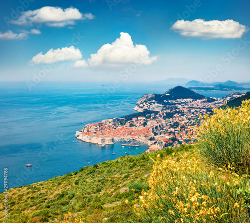 Sunny morning view of Dubrovnik city. Picturesque summer scene of Croatia, Europe. Beautiful world of Mediterranean countries. Traveling concept background.