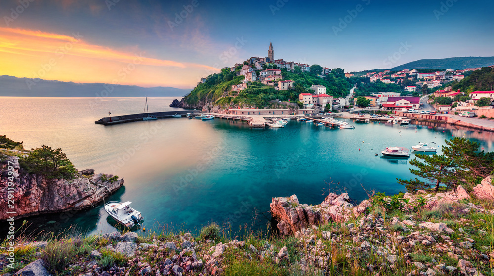 Exciting morning cityscape of Vrbnik town. Colorful summer seascape of Adriatic sea, Krk island, Kvarner bay archipelago, Croatia, Europe. Beautiful world of Mediterranean countries. 