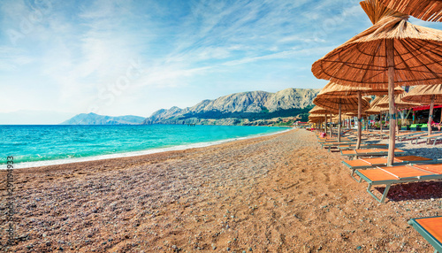 Fototapeta Naklejka Na Ścianę i Meble -  Colorful morning view of Bashka Beach in Baska town. Amazing summer seascape of Adriatic sea, Krk island, Kvarner bay archipelago, Croatia, Europe. Beautiful world of Mediterranean countries.
