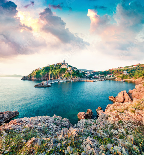 Amazing morning cityscape of Vrbnik town. Splendid summer seascape of Adriatic sea, Krk island, Kvarner bay archipelago, Croatia, Europe. Beautiful world of Mediterranean countries. photo