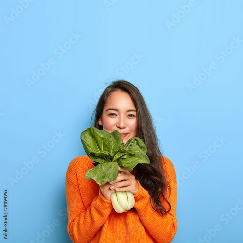 Satisfied Korean woman with pleased face expression, buys healthy dieting food, holds raw green vegetable, going to make tasty vegetarian lunch, wears casual orange jumper, poses over blue wall photo