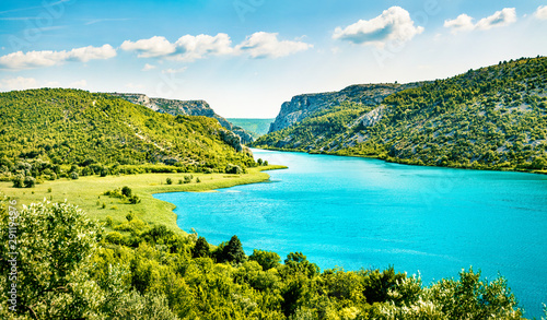 Colorful summer view of Visovacko lake. Great morning scene of Krka National park, Roski Slap location, Croatia, Europe. Beautiful world of Mediterranean countries. Traveling concept background.