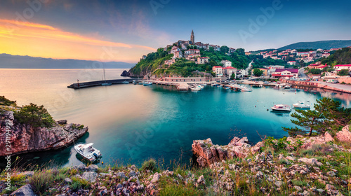 Exciting morning cityscape of Vrbnik town. Colorful summer seascape of Adriatic sea, Krk island, Kvarner bay archipelago, Croatia, Europe. Beautiful world of Mediterranean countries.  photo