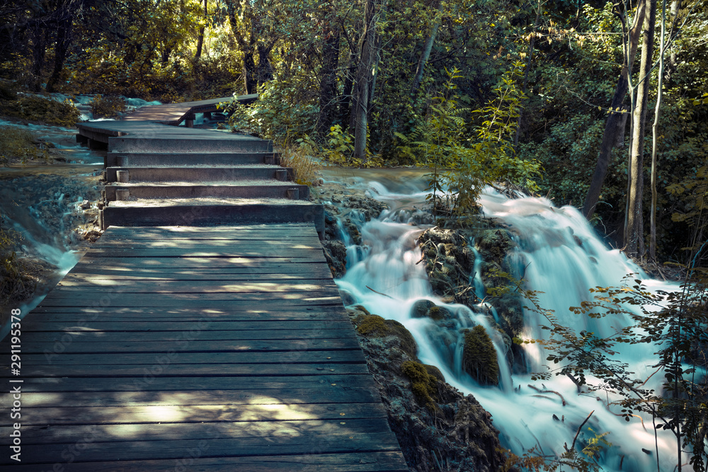 Obraz premium Vintage view of Skradinski Buk waterfall. Picturesque morning scene of Krka National Park, Lozovac village location, Croatia, Europe. Beautiful world of Mediterranean countries.