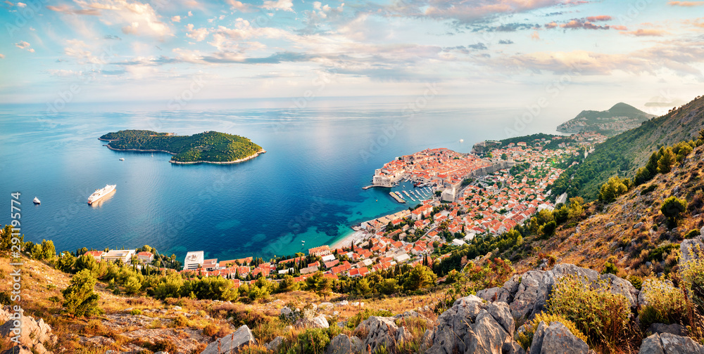 Aerial morning view of Dubrovnik city. Colorful summer scene of Croatia, Europe. Beautiful world of Mediterranean countries. Traveling concept background. - obrazy, fototapety, plakaty 