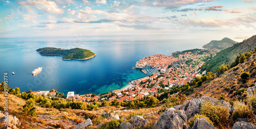 Aerial morning view of Dubrovnik city. Colorful summer scene of Croatia, Europe. Beautiful world of Mediterranean countries. Traveling concept background. © Andrew Mayovskyy