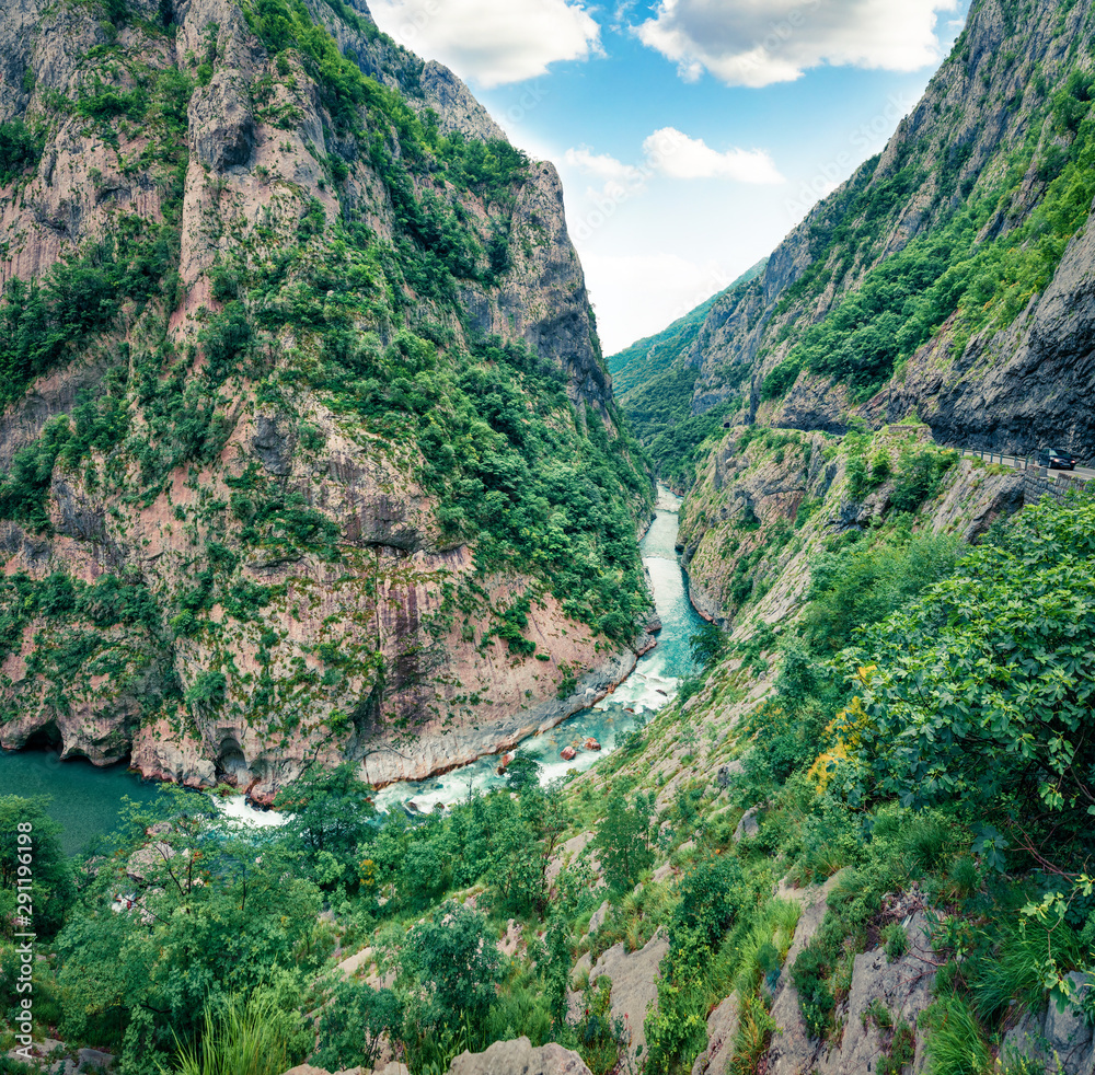 Aerial morning view of Tara river canyon. Splendid summer morning in Montenegro, Europe. Beautiful world of Mediterranean countries. Traveling concept background.