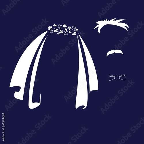 Bride and groom. Veil, bow tie and mustache as symbols of the bride and groom. Vector icon.