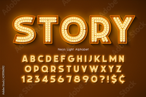 Neon light 3d alphabet, extra glowing font.