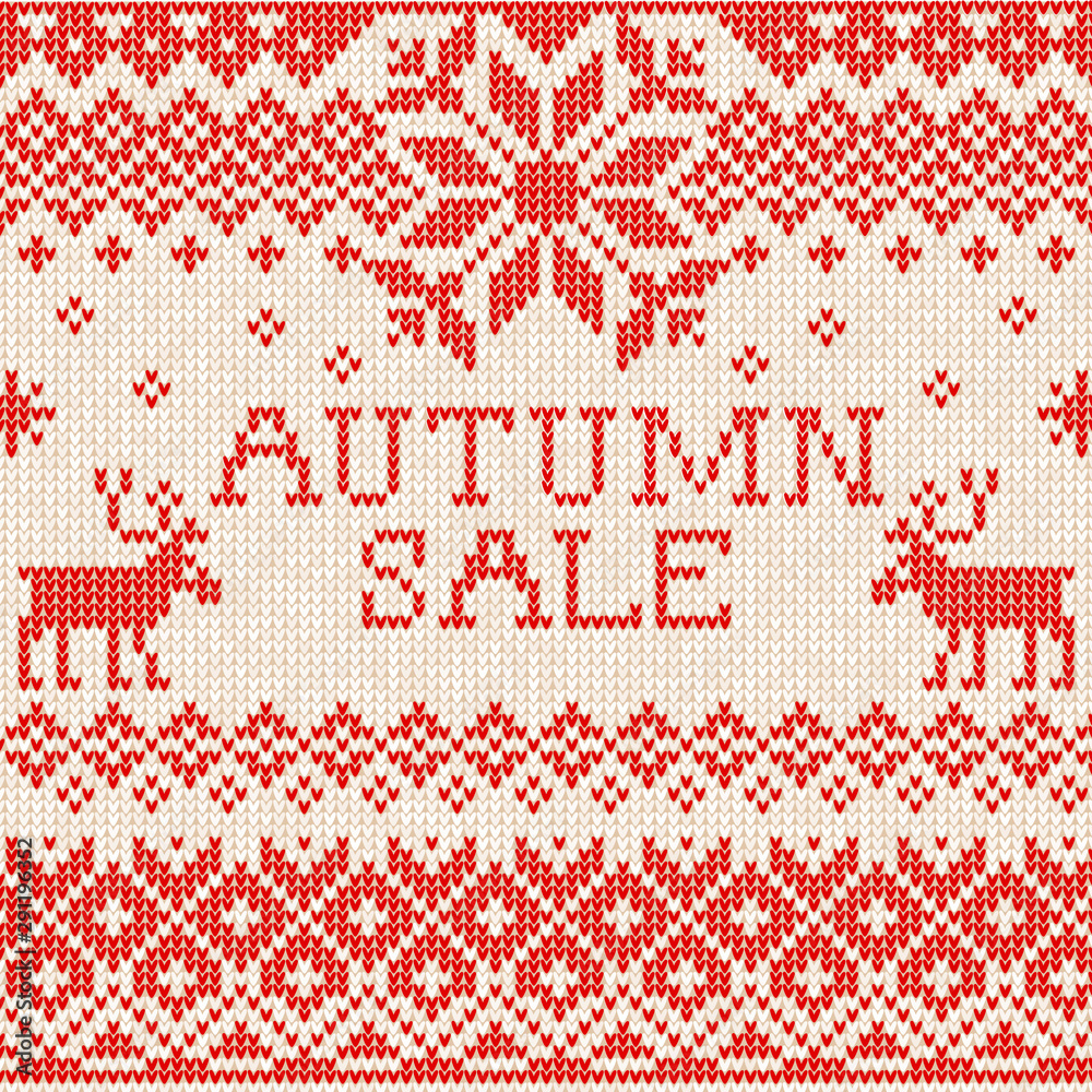 Autumn sale: Scandinavian style seamless knitted pattern with deers. Red and white colours. Flat style