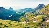 Bright summer view from Sedlo pass. Picturesque morning scene of Durmitor National Prk, Montenegro, Europe. Beautiful world of Mediterranean countries. Instagram filter toned.