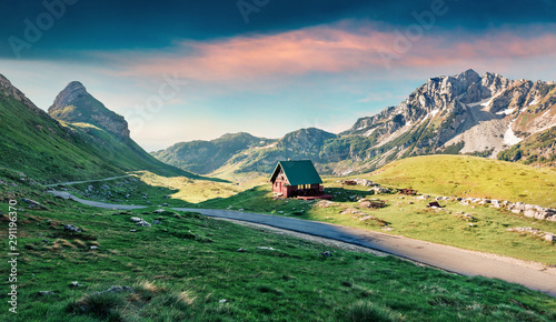 Colorful summer sunrise on Sedlo pass. Picturesque morning view of Durmitor National Prk, Montenegro, Europe. Beautiful world of Mediterranean countries. Traveling concept background. photo