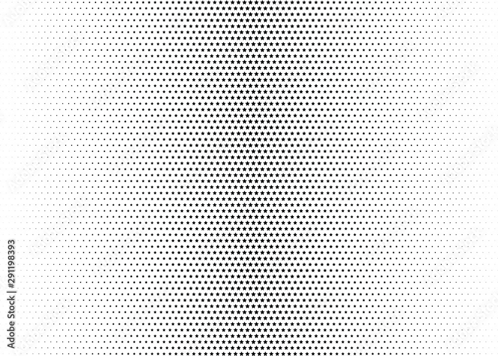 Abstract halftone dotted background. Monochrome futuristic grunge pattern, stars.  Vector modern optical pop art texture for posters, site, postcard, cover, labels, vintage sticker, mock-up layout.