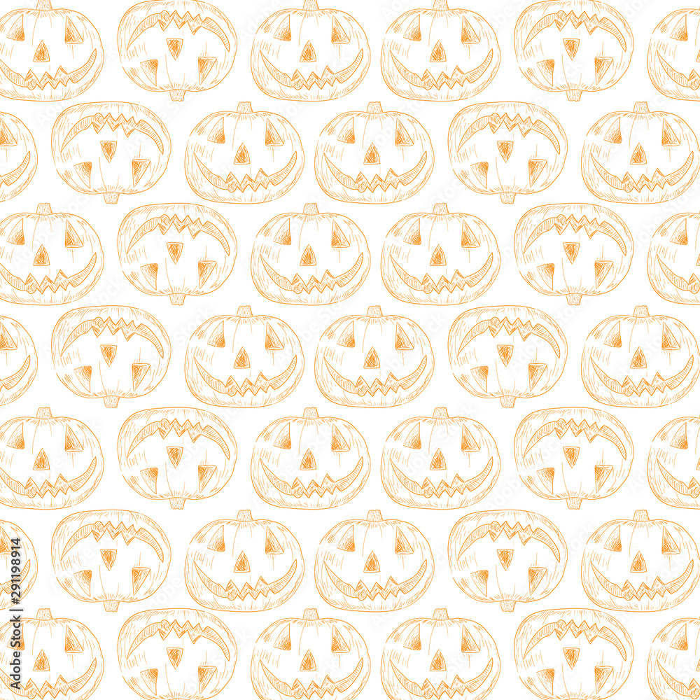 Hand drawn pumpkin sketch pattern on white background. The main symbol of the Happy Halloween holiday. Orange pumpkin with smile for your design for the holiday Halloween. 