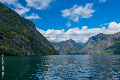 Fototapeta Naklejka Na Ścianę i Meble -  Flom(Flam) and Aurlandsfjord - unesco enlisted natural heritage site - in Norway. July 2019