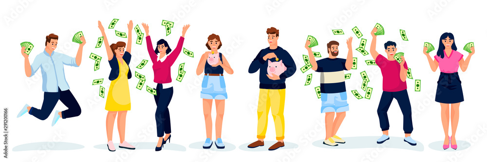 People with money, isolated on white background. Vector flat cartoon illustration. Making money or winning money concept People with money, isolated on white background. Vector flat cartoon illustration. Making money or winning money concept