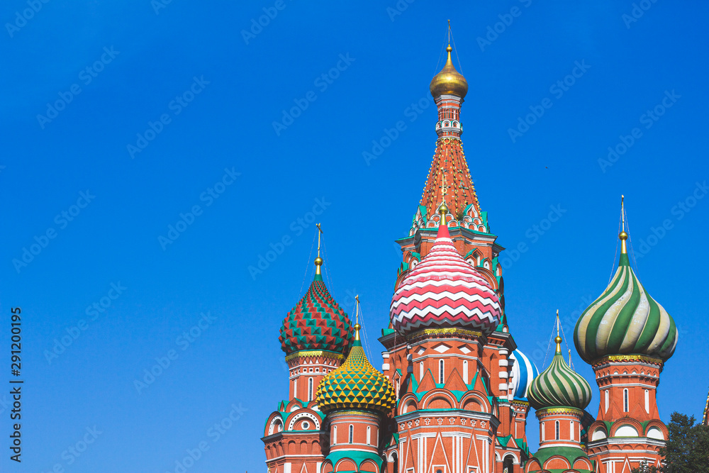 St. Basil's Cathedral (St. Basil's Cathedral) close-up of architecture on Red Square in Moscow, Russia. Domes of the temple, the church against the clear sky