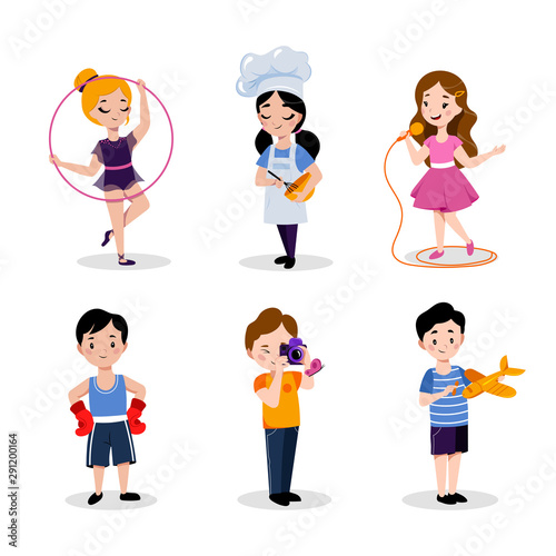 Children's hobby and education, vector flat cartoon illustration. Babies boys and girls isolated on white background.
