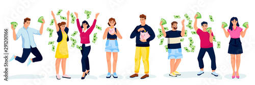 People with money, isolated on white background. Vector flat cartoon illustration. Making money or winning money concept