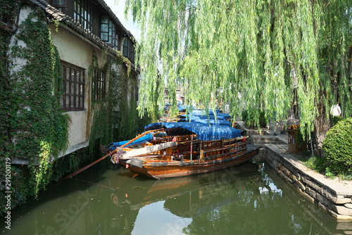 Zhouzhuang,China-September 17, 2019: Boats in Zhouzhuang passing through canal