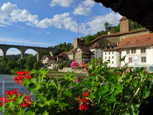 Canvas Print View of medieval construction in the lower town and bridge of Fribourg